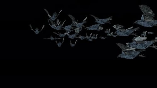 Abstract Metallic Bird Flock Flying Across Screen
