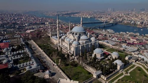 Aerial View of Historic Mosque, Coastal Inlet and City Bridge