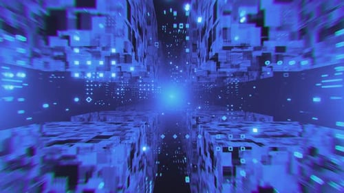 Túnel de neón de ciencia ficción con cubos geométricos brillantes que vuelan y giran