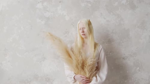 Woman Holding Wheat Against Light Beige Backdrop