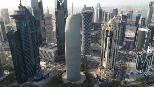 Aerial view of Doha Tower (also known as Burj Doha), West Bay, Doha, Qatar