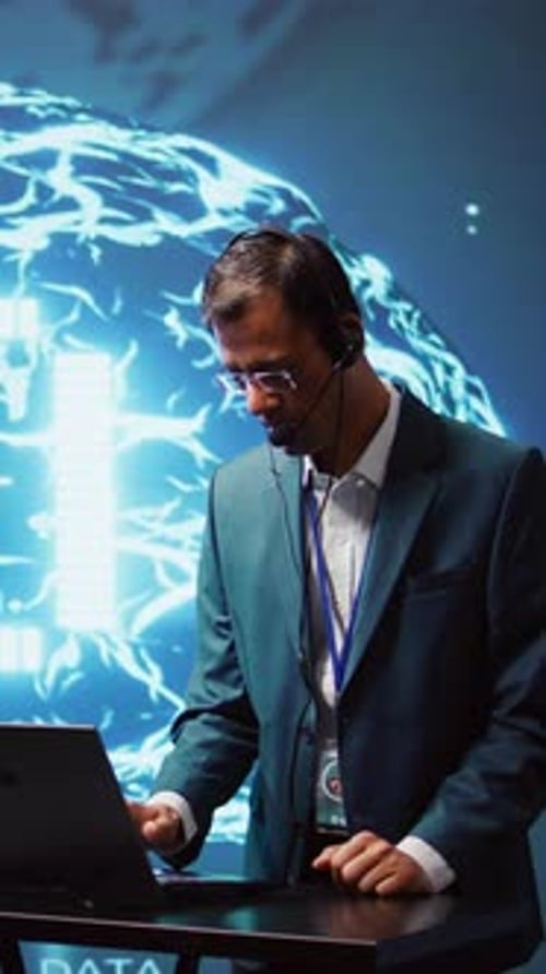 Vertical Video Engineer in Artificial Intelligence Workplace Managing Call Center Tasks