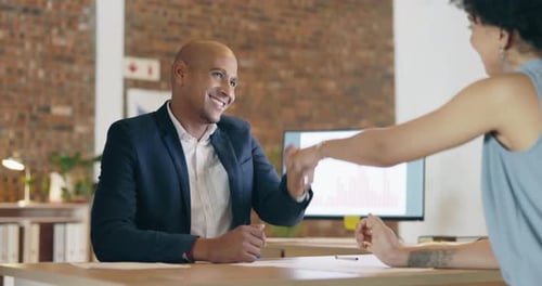 Handshake, happy business people and meeting in office for investment deal, thank you or agreement