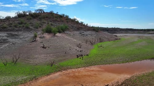 Aerial view of landscape near lake, United States.