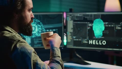 Programmer Drinking Coffee Interrupted By Awaken AI Gaining Consciousness