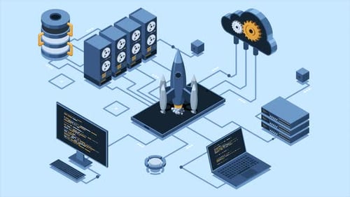 Isometric business startup animation. Business startup team launching rocket with computer