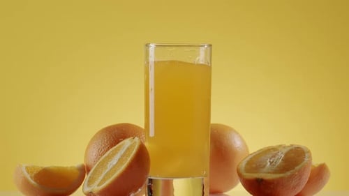 Refreshing Orange Juice with Sliced Fruit on Yellow