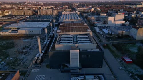 Data Computing center cloud service quantum computing server space Dramatic aerial view flight drone