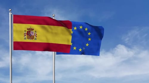 European Union Flag Waving With Flag Of Spain