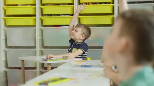 Enthusiastic Boy Raises Hand in Classroom
