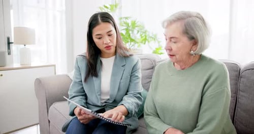 Finance, woman and senior with discussion on documents for life insurance