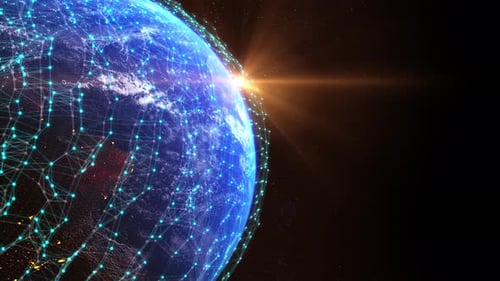 Digital grid over earth planet. Global communication Network connection.