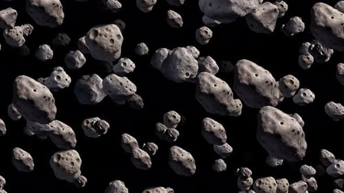 Closeup View Of Lots Of Meteor Flying On Black Background. Asteroids Flying In Dark Deep Space .