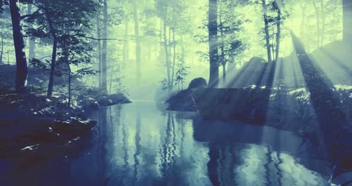 Misty Morning Light Dances on Tranquil Waters in a Serene Forest Setting