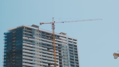 Crane Working on Construction Site Building Skyscrapers Multi Storey Houses Industrial Development