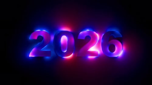 Glowing 2026 Numbers with Moving Neon Gradient Light Effect in Dark Background. Looped animation. 3D