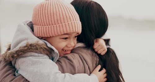 Beach, hug and mother with girl, love and happiness with vacation and travel with getaway trip