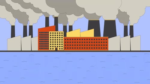 Factory smokestacks waterside cartoon animation