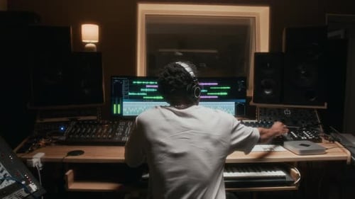 Back View of Music Producer in Recording Studio