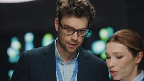 Confident IT Admin Talking Colleague in Data Center Closeup Developers Working