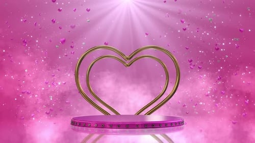 Valentine Love Podium Floating Hearts, rose tendre, scène romantique avec cadre en forme de cœur doré