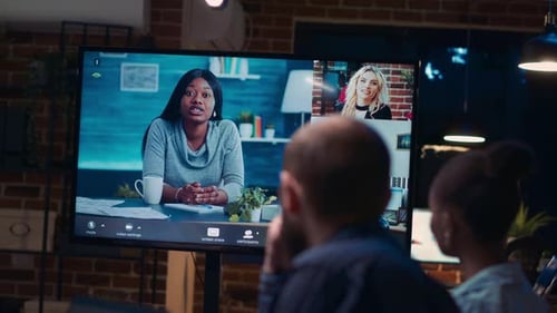 Employees Talking with Team in Teleconference Screen Close Up