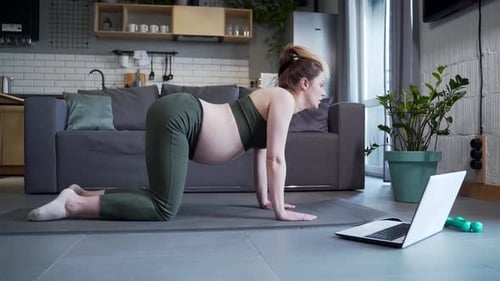 Pregnant Woman Doing Yoga Cat-Cow Exercise at Home