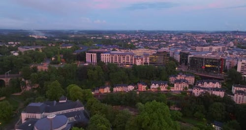 Flying a Drone Over the Historical Center of Luxembourg City in the Summer in the Evening at Sunset
