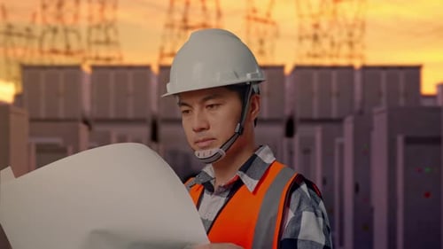 Close Up Side View Of Asian Male Engineer Looking At Blueprint In His Hands with High Voltage Power
