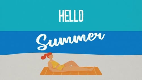 Hello Summer Flat Design Animation with Sunbathing Person on Beach