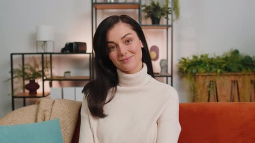 Woman Smiling in Living Room Close Up