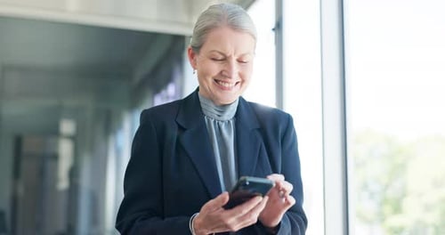 Business woman, office phone and laughing at funny, comic joke or meme on social media