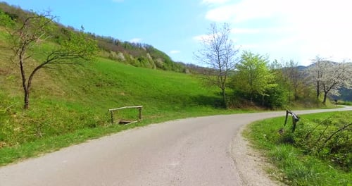 On a sunny day down the road with a twisty turn, a view of the hills and plantations, on the backg