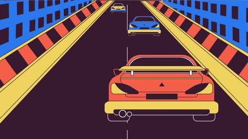 Car racing on urban track line cartoon animation