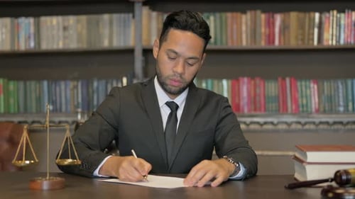 Man in Suit Writing at Desk with Books