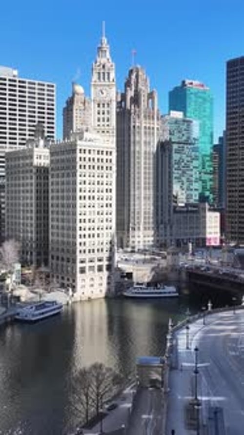 Aerial view of Chicago Riverwalk At Chicago In Illinois United States.