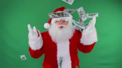 Medium Shot of Santa with Falling Money on Green Screen Ideal for Promos