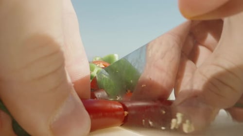 I slice hot red pepper, pepper pieces around. Super close-up.