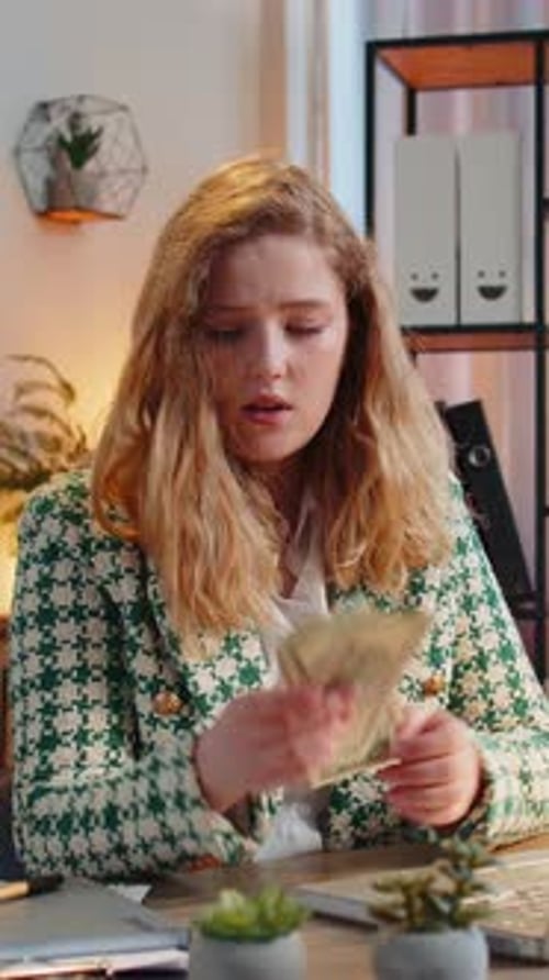 Business Woman Freelancer Counting Cash Insufficient Amount of Money Financial Crisis Bankruptcy