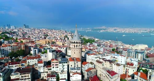 galata tower pull back istanbul skyline rainbow aerial conclusion shot tv Drone