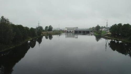 Alternative Energy Hydroelectric Power Station on the River View From Height of the Dam System