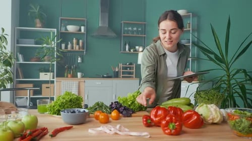 Young Woman with Tablet Surrounded by Fresh Produce