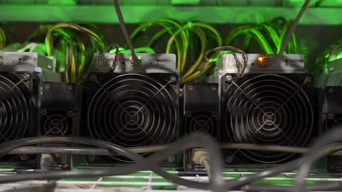 Cryptocurrency Mining Equipment on Large Farm ASIC Miners on Stand Racks Mine Bitcoin in Server Room