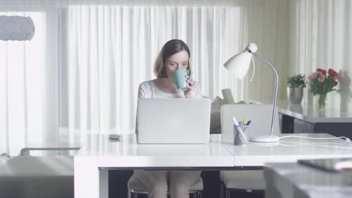 Woman Working on Laptop at Home Desk