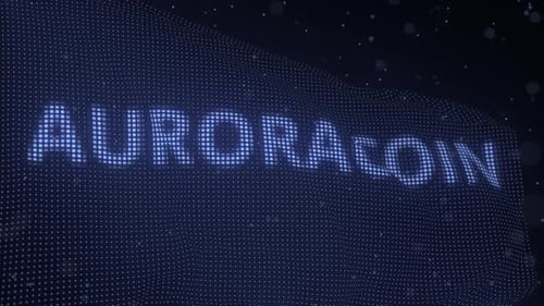 Nom de la crypto-monnaie Auroracoin sur un drapeau numérique agitant