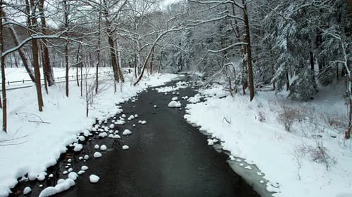 Static view of winter river in snow forest landscape. Frozen river water in winter