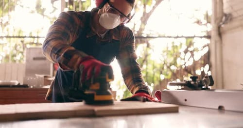 Carpenter, builder and handyman with wood project in workshop at home for renovation
