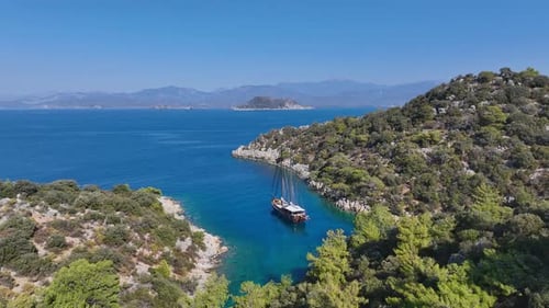 Wooden Gulet Ship Anchored in a Scenic Bay