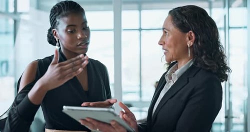 Business, people and feedback in finance with tablet for company proposal evaluation
