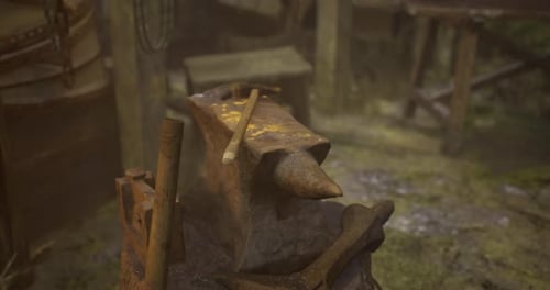 Blacksmiths Anvil with Tools in a Rustic Workshop Surrounded By Nature